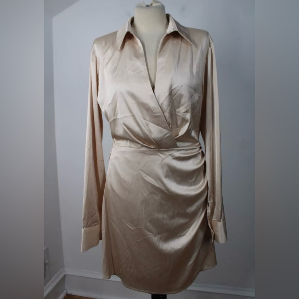 Cider L Champagne Satin‎ Split Neck Collared Long Sleeve Gathered Side Dress